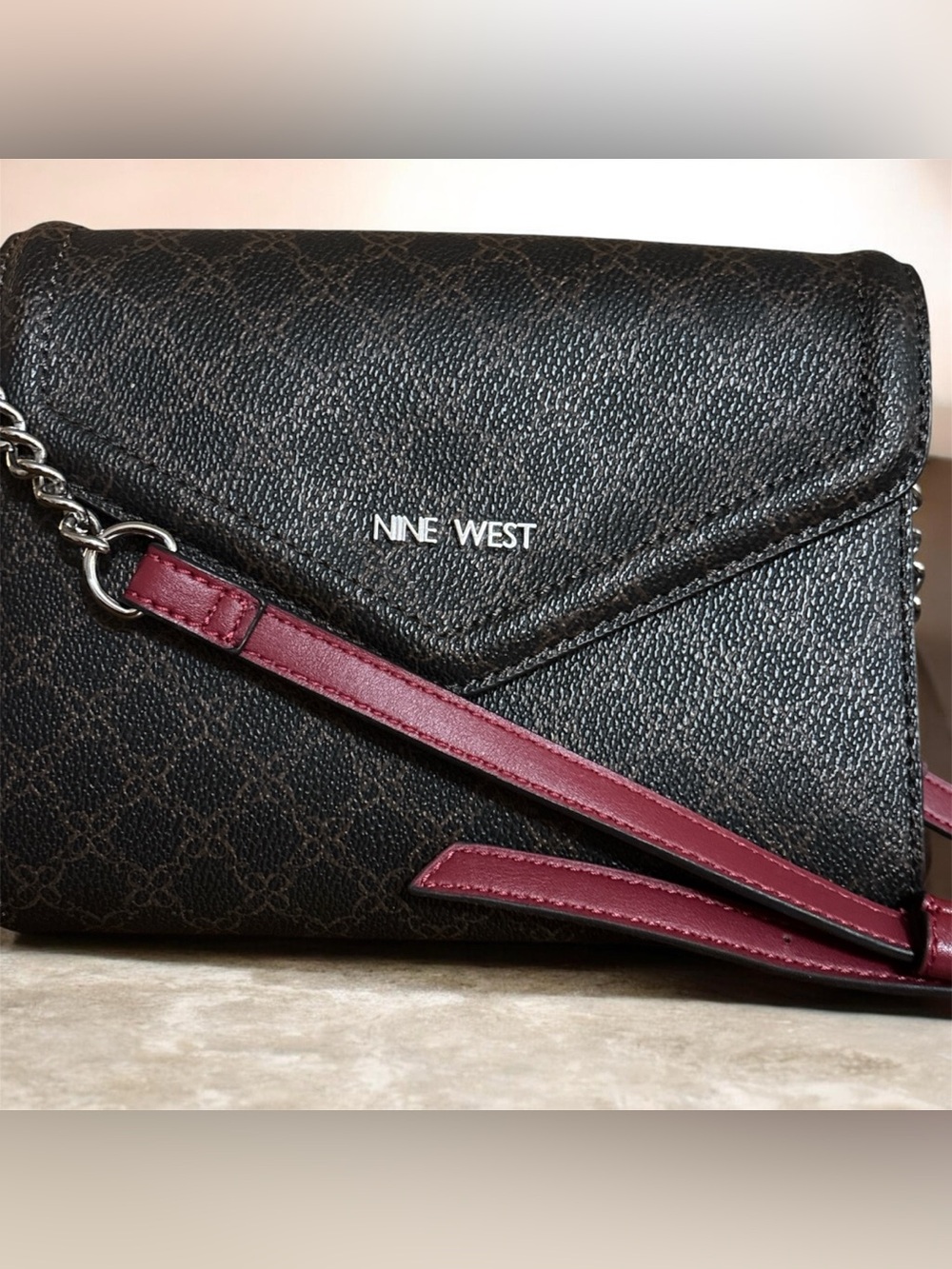 Nine West Black Clutch with Burgundy Strap Accent